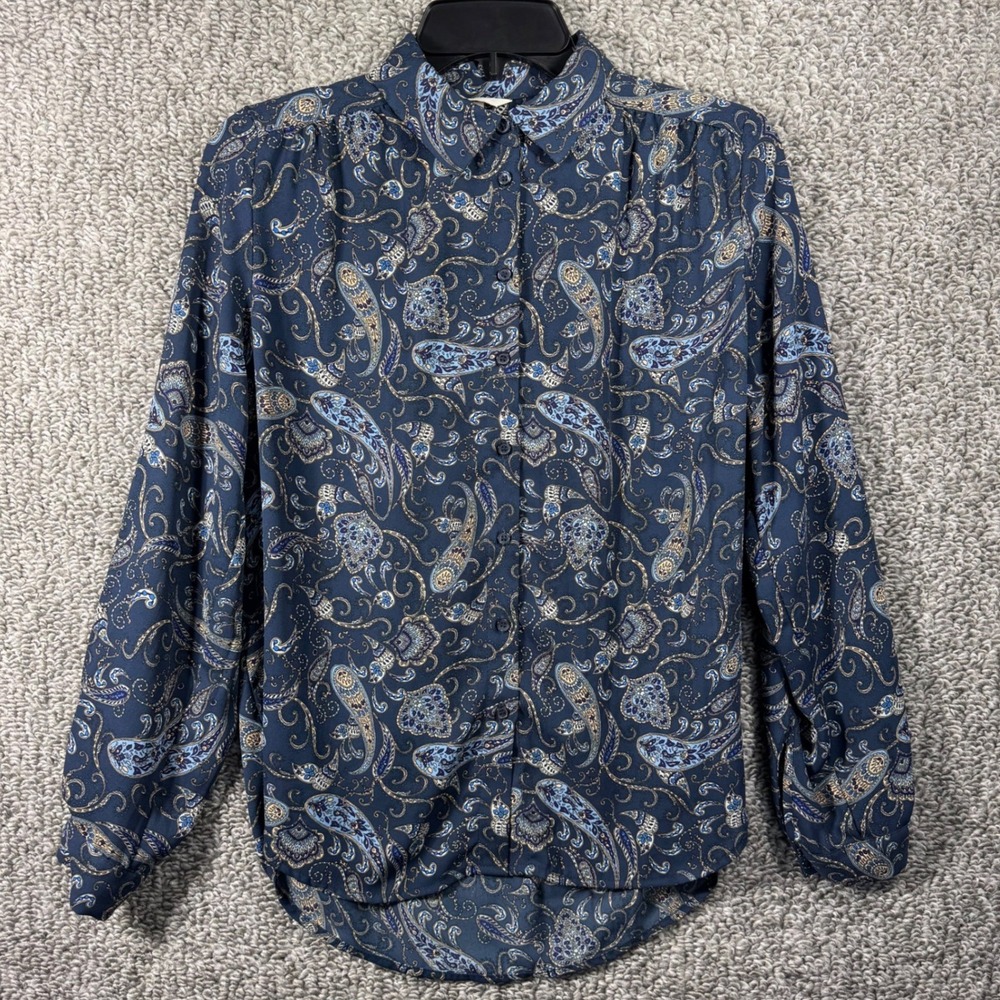 H&M Paisley Long Sleeve Blouse Button Down Collared Shirt Blue Navy Boho Women 2